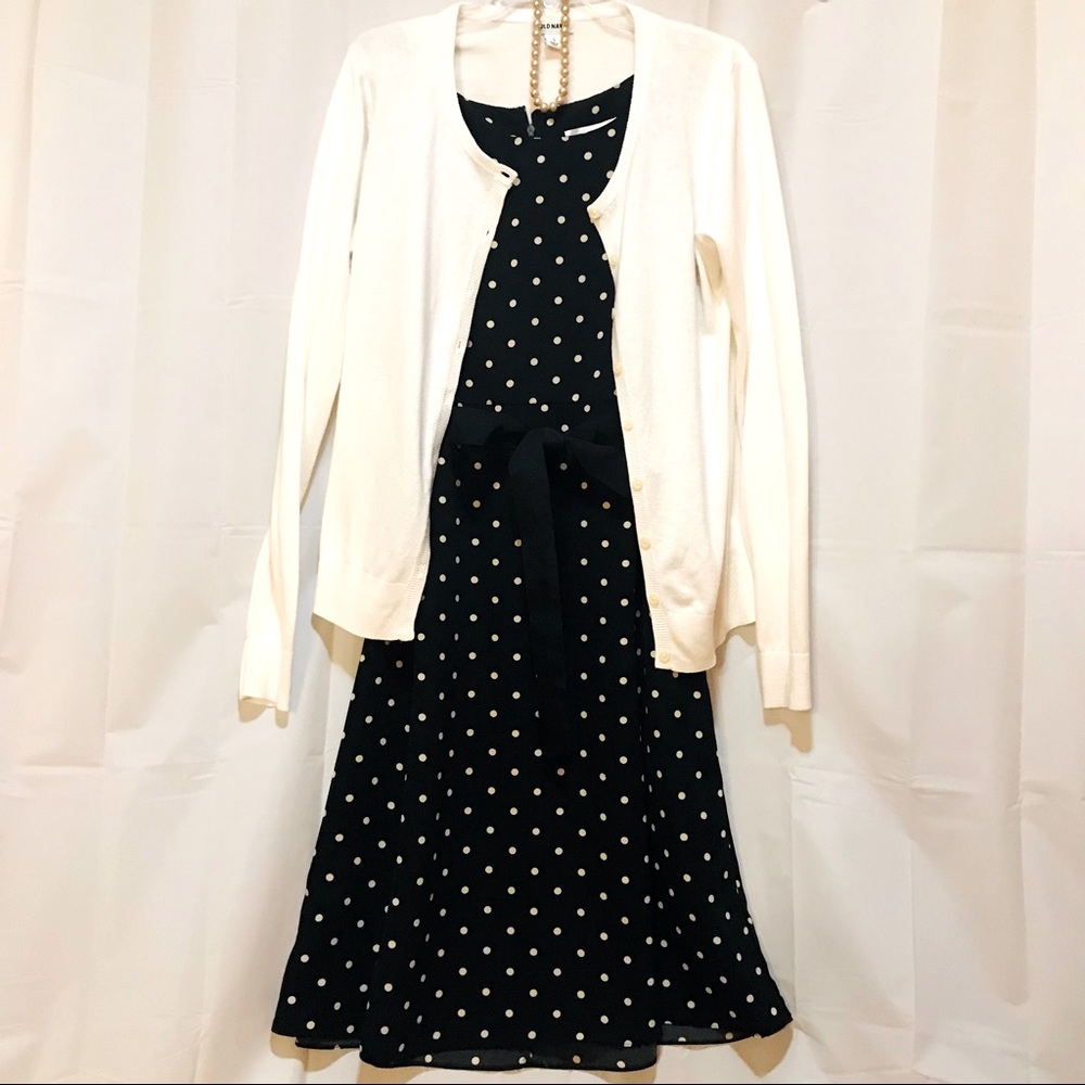 Studio I Polka Dot Dress With Cardigan And Pearls